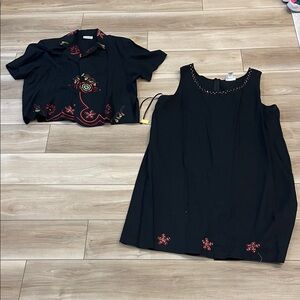 Anna Maxwell Set Black Dress and Shirt Set with Red Embroidery